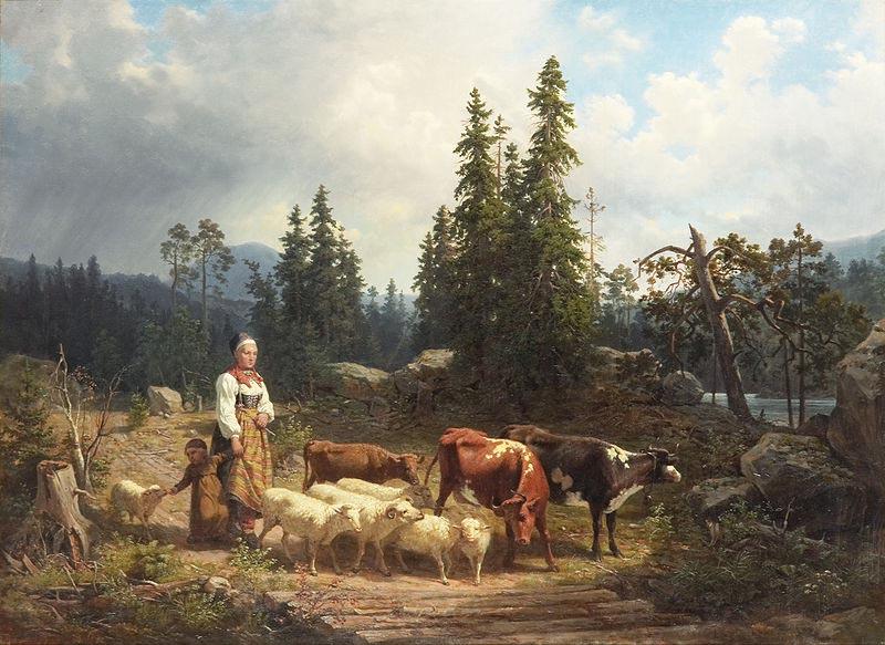Nils Andersson Vallflicka med hjord i landskap Norge oil painting art